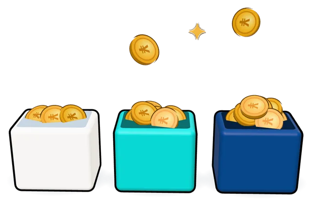 3つの箱に入ったコインの3Dイラスト