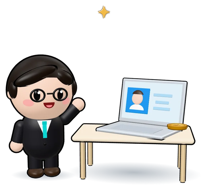 ノートパソコンでオンライン相談をするFPの3Dイラスト