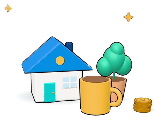 家とマグカップと観葉植物の3Dイラスト