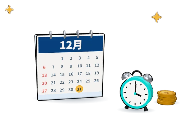 12月のカレンダーと目覚まし時計とコインの3Dイラスト