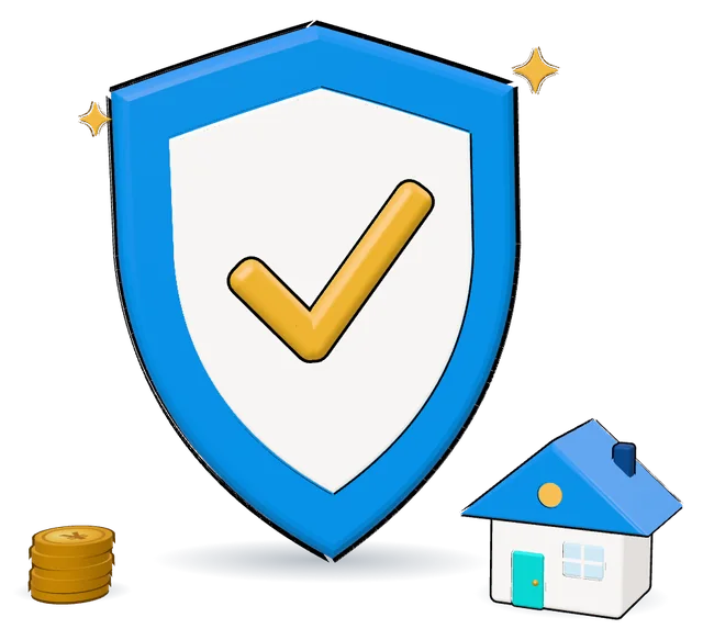 チェックマークの入った盾と家とコインの3Dイラスト