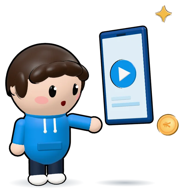 スマートフォンで動画を見るキャラクターの3Dイラスト